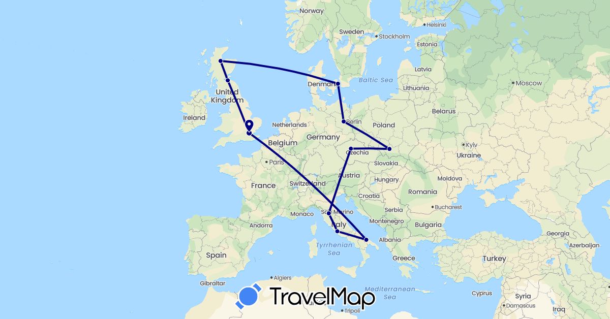 TravelMap itinerary: driving in Czech Republic, Germany, Denmark, United Kingdom, Italy, Poland (Europe)
